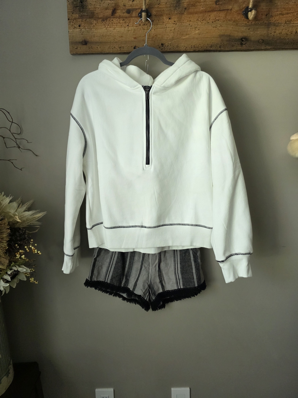 White Half-Zip Hoodie with Contrast Stitching